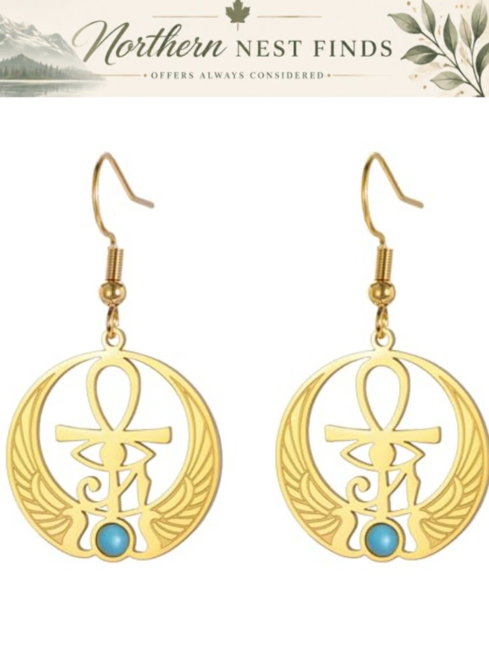 Ankh Eye of Horus Stainless Steel Earrings Egyptian Goddess Isis Amulet